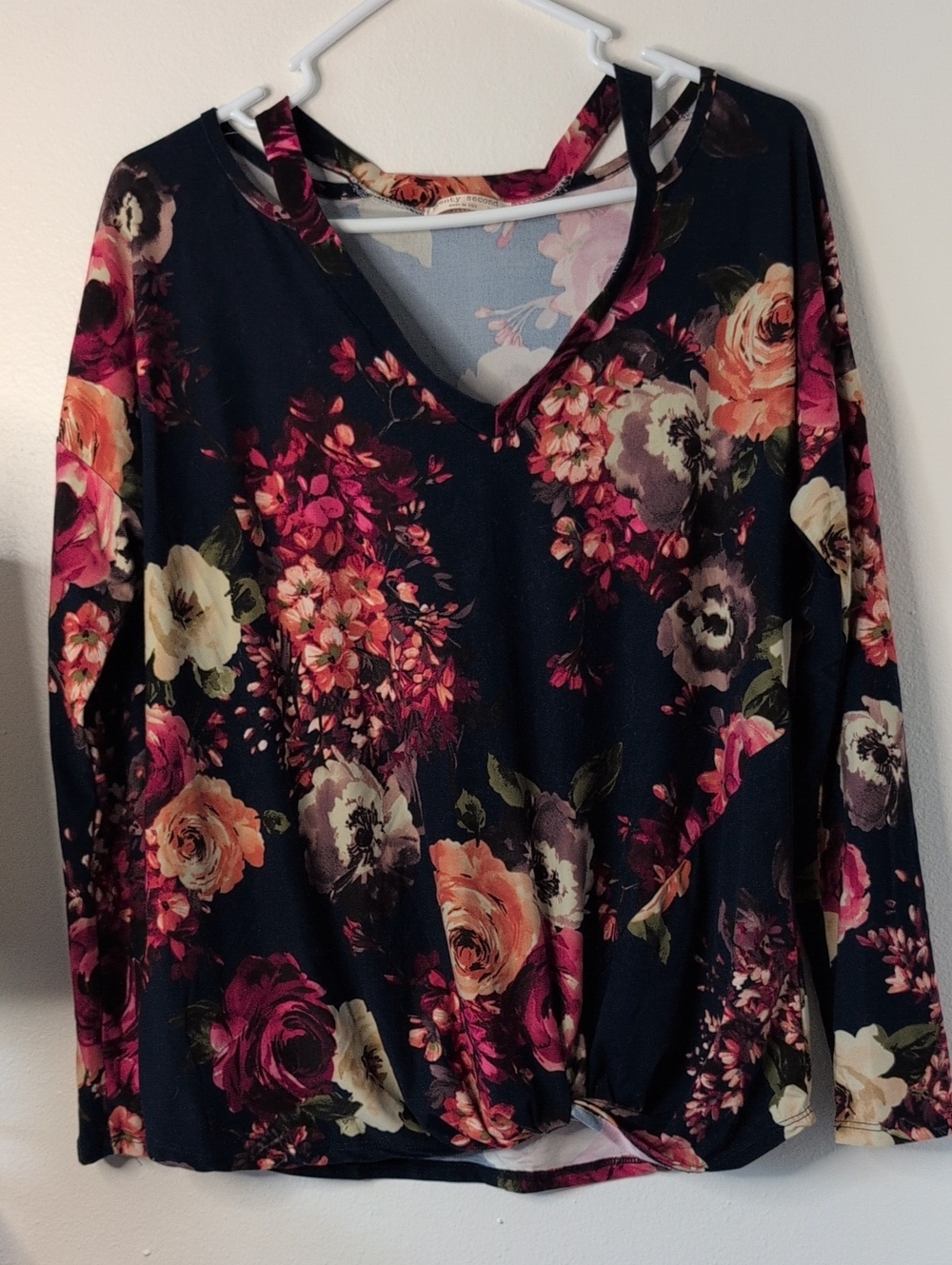 twenty second Navy Floral V-Neck Long Sleeve Top with Pink & Cream Blooms